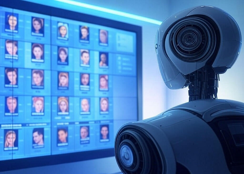 An AI robot facing a screen displaying multiple candidate profiles during an automated interview process.
